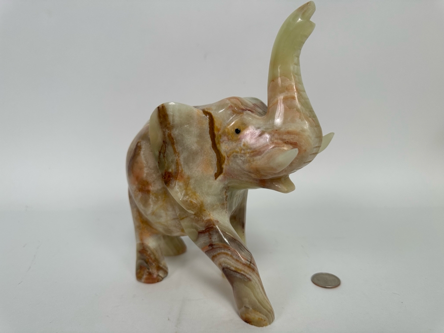 Carved Green Onyx Elephant With Raised Trunk Sculpture Signed 8W X 3D X 8.5H [Photo 5]
