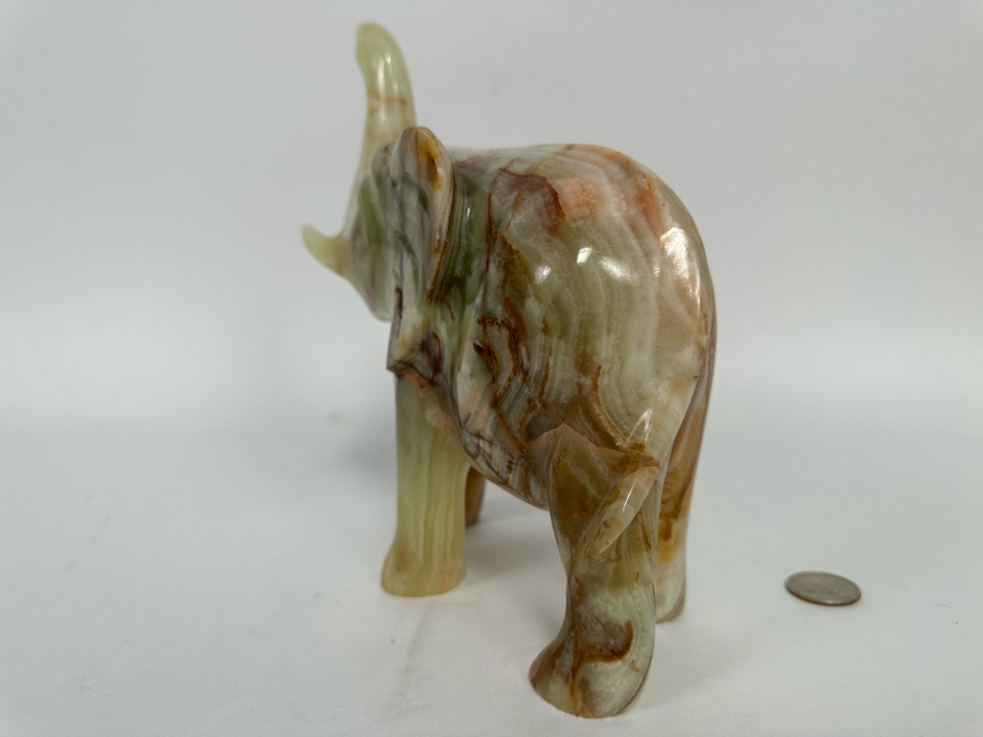 Carved Green Onyx Elephant With Raised Trunk Sculpture Signed 8W X 3D X 8.5H [Photo 11]