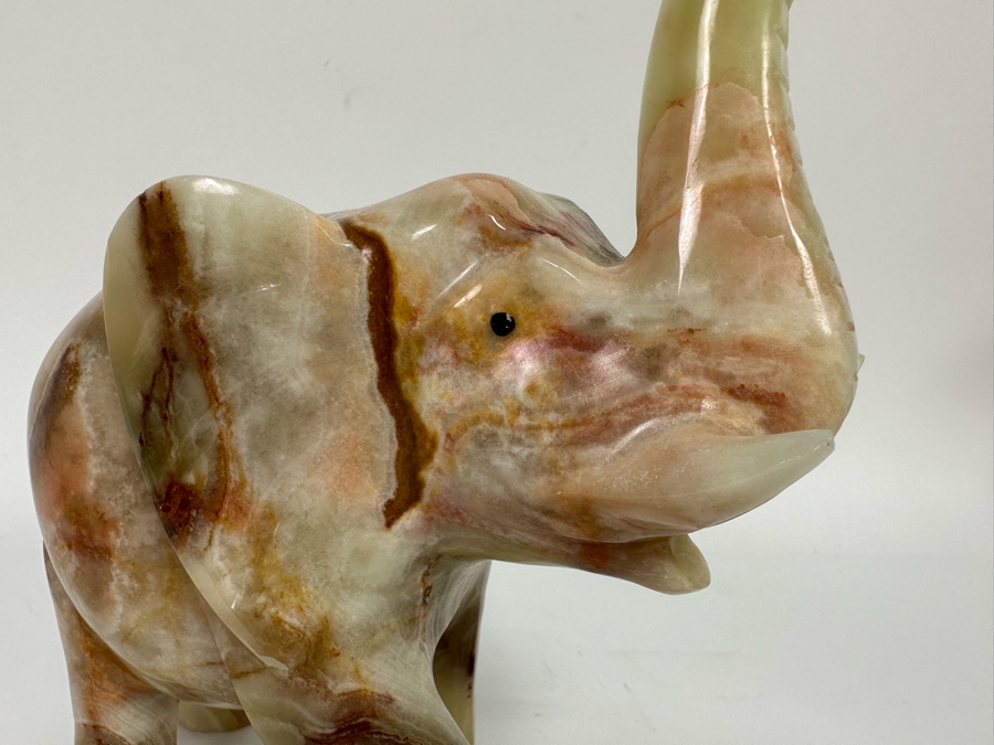 Carved Green Onyx Elephant With Raised Trunk Sculpture Signed 8W X 3D X 8.5H [Photo 6]