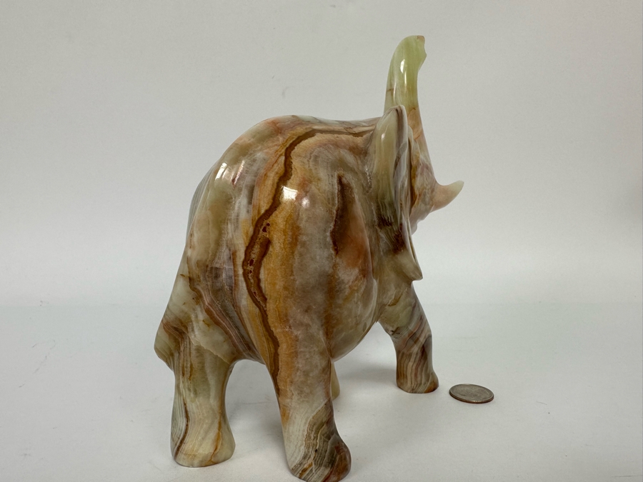 Carved Green Onyx Elephant With Raised Trunk Sculpture Signed 8W X 3D X 8.5H [Photo 12]