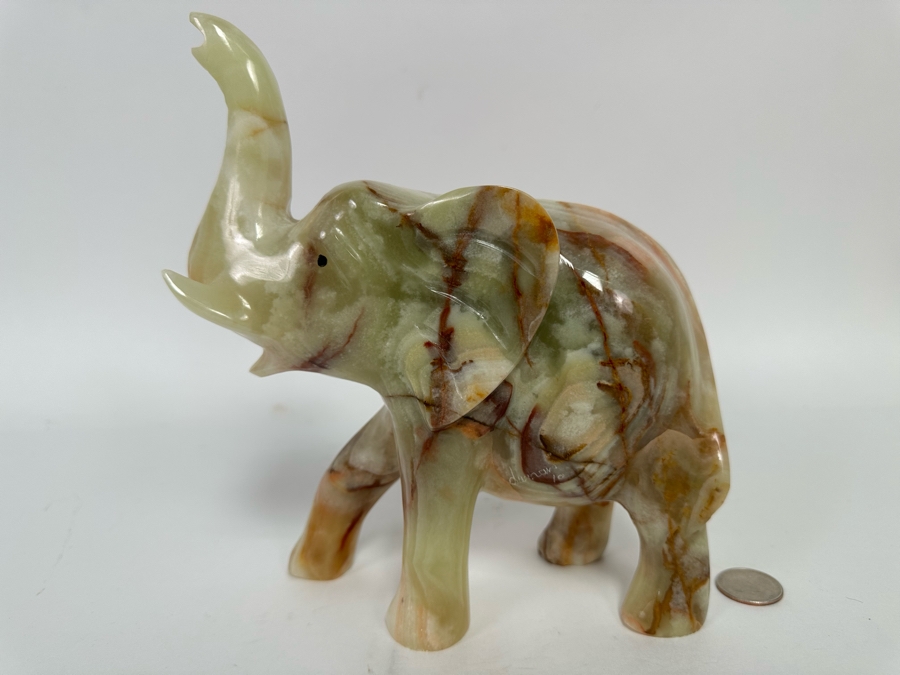 Carved Green Onyx Elephant With Raised Trunk Sculpture Signed 8W X 3D X 8.5H [Photo 7]