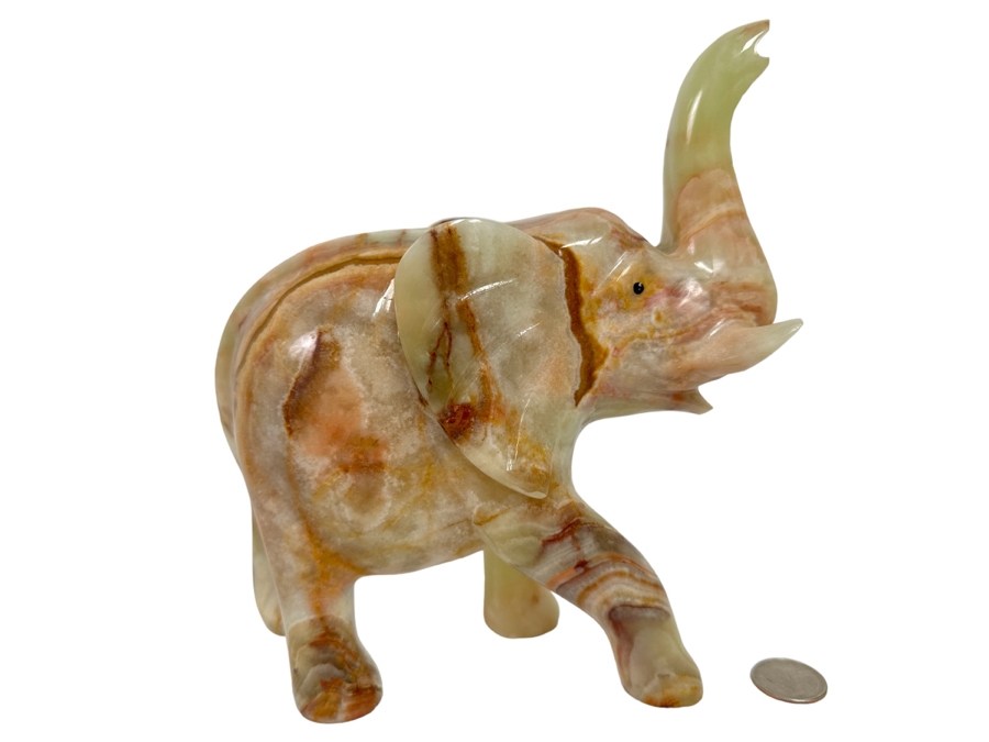 Carved Green Onyx Elephant With Raised Trunk Sculpture Signed 8W X 3D X 8.5H [Photo 2]