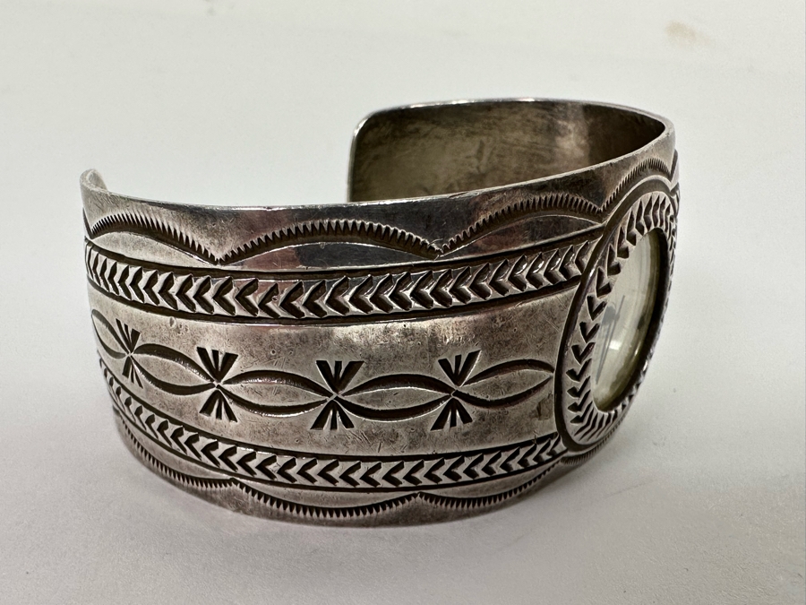 Carson B. Signed Sterling Silver Native American Watch Band Cuff 2.75W With Watch 52.7g [Photo 6]