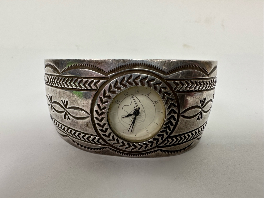 Carson B. Signed Sterling Silver Native American Watch Band Cuff 2.75W With Watch 52.7g [Photo 5]