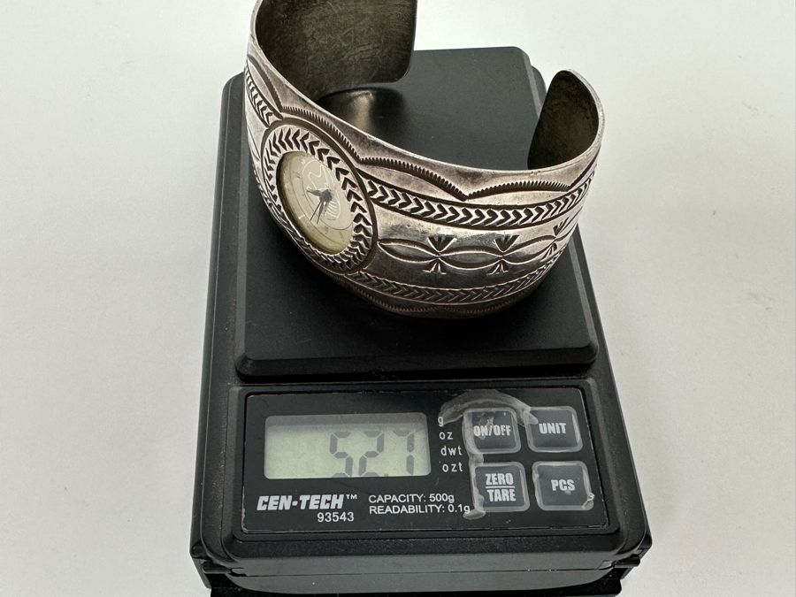 Carson B. Signed Sterling Silver Native American Watch Band Cuff 2.75W With Watch 52.7g [Photo 13]