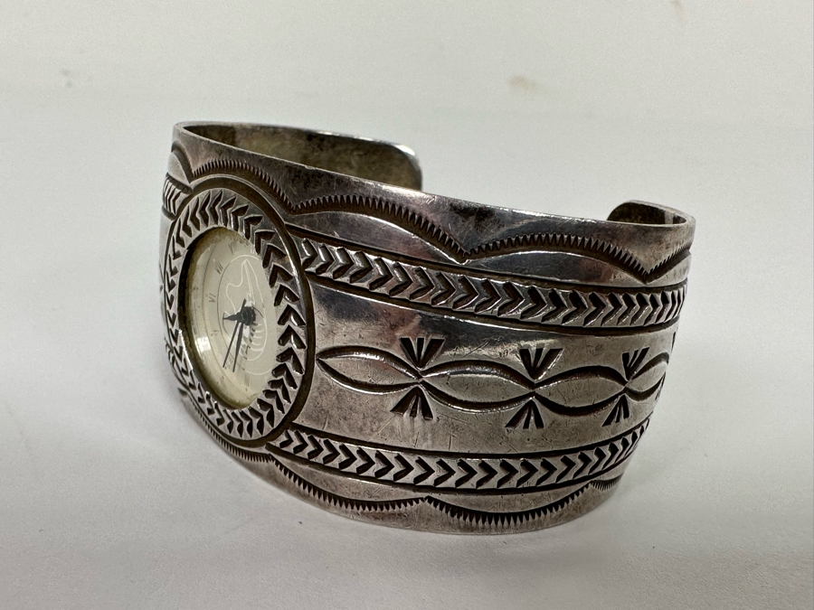 Carson B. Signed Sterling Silver Native American Watch Band Cuff 2.75W With Watch 52.7g [Photo 8]