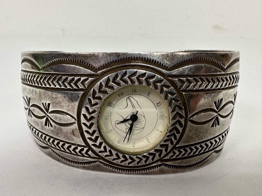 Carson B. Signed Sterling Silver Native American Watch Band Cuff 2.75W With Watch 52.7g [Photo 4]