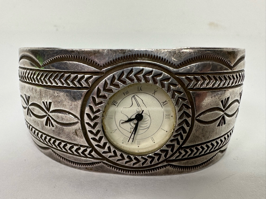 Carson B. Signed Sterling Silver Native American Watch Band Cuff 2.75W With Watch 52.7g [Photo 3]
