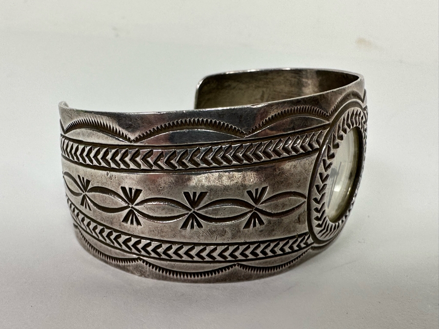 Carson B. Signed Sterling Silver Native American Watch Band Cuff 2.75W With Watch 52.7g [Photo 7]