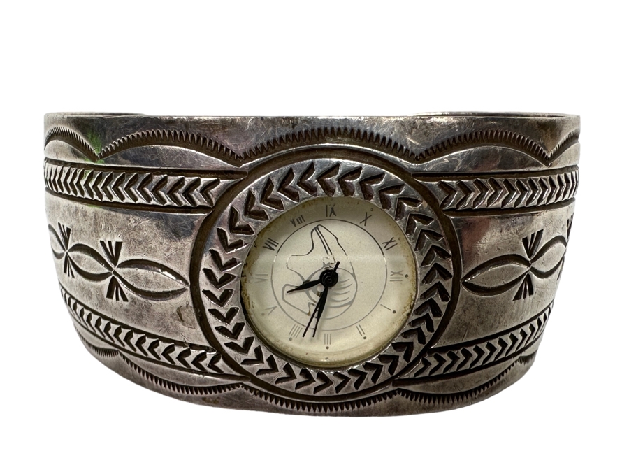 Carson B. Signed Sterling Silver Native American Watch Band Cuff 2.75W With Watch 52.7g