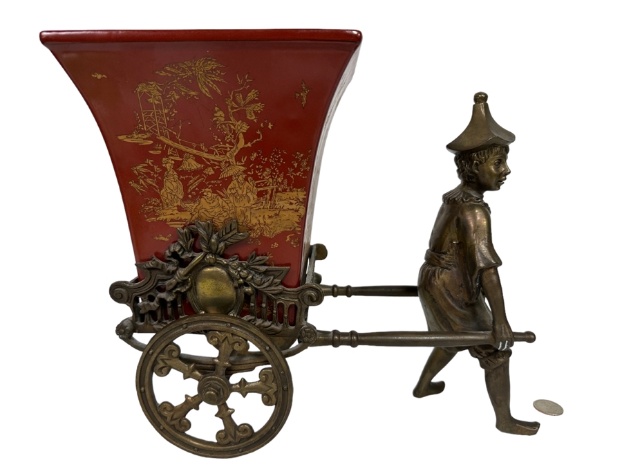 Chinese Metal Rickshaw With Porcelain Pot Planter 13W X 7D X 11H [Photo 1]