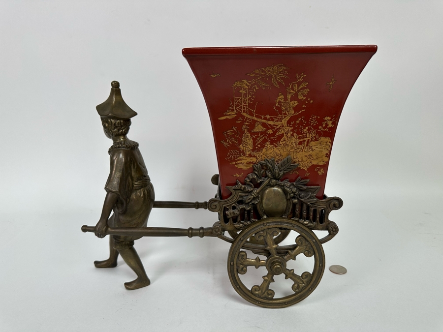 Chinese Metal Rickshaw With Porcelain Pot Planter 13W X 7D X 11H [Photo 8]