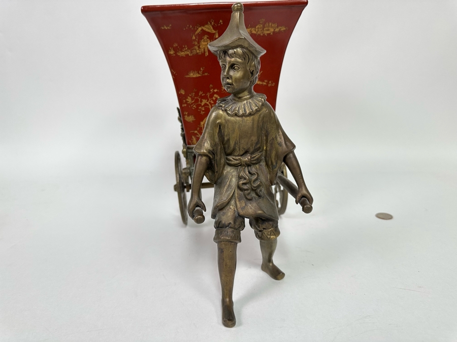 Chinese Metal Rickshaw With Porcelain Pot Planter 13W X 7D X 11H [Photo 7]