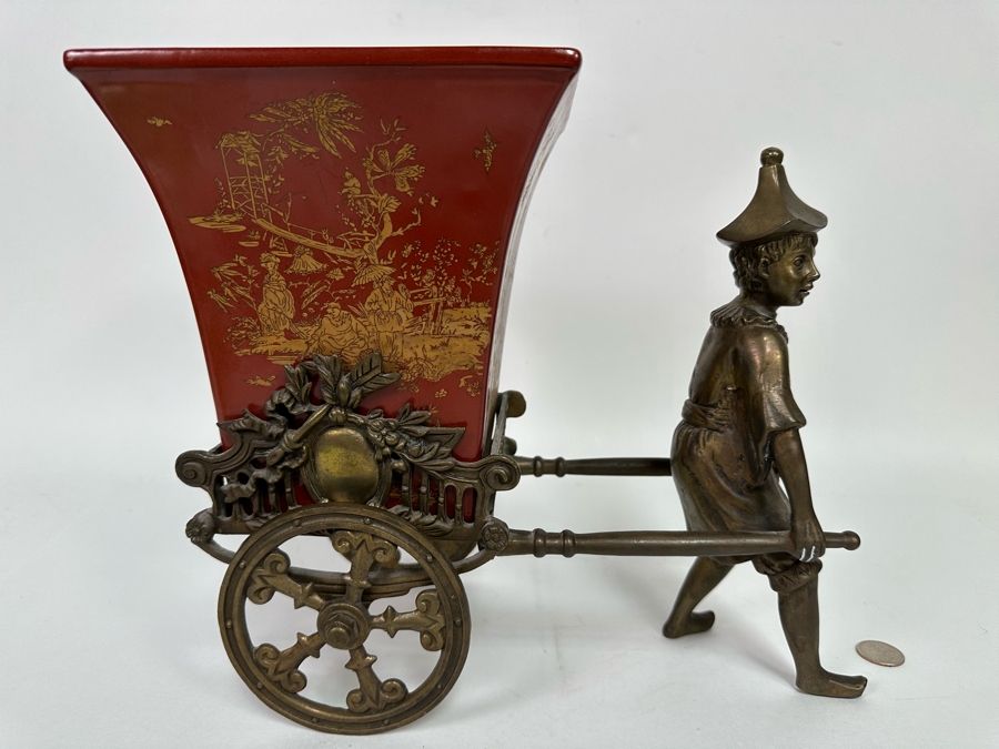 Chinese Metal Rickshaw With Porcelain Pot Planter 13W X 7D X 11H [Photo 2]
