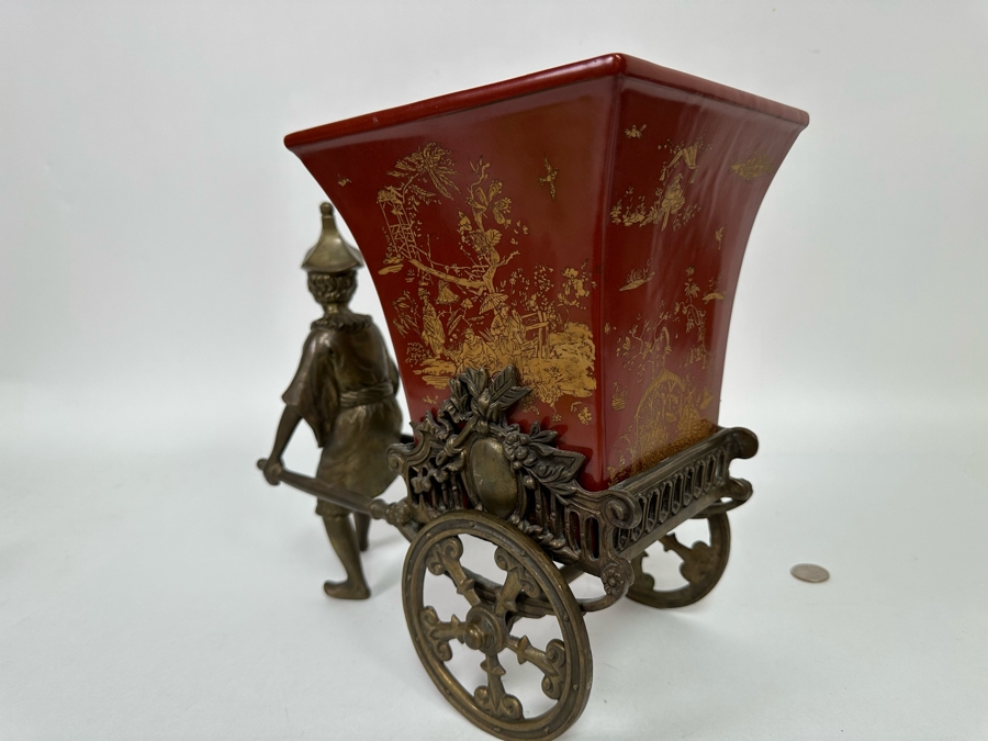 Chinese Metal Rickshaw With Porcelain Pot Planter 13W X 7D X 11H [Photo 9]