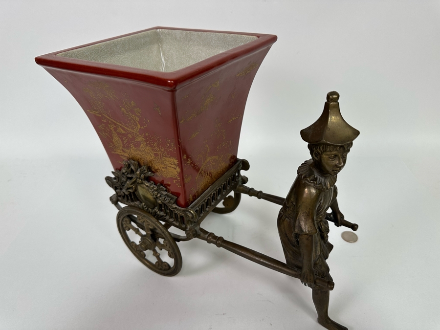 Chinese Metal Rickshaw With Porcelain Pot Planter 13W X 7D X 11H [Photo 6]
