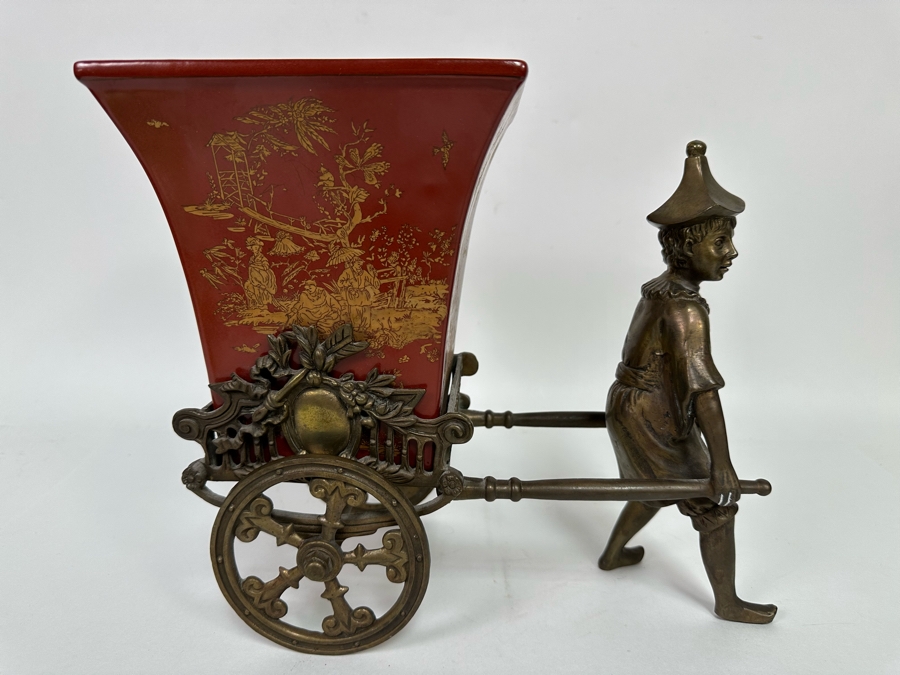 Chinese Metal Rickshaw With Porcelain Pot Planter 13W X 7D X 11H [Photo 3]