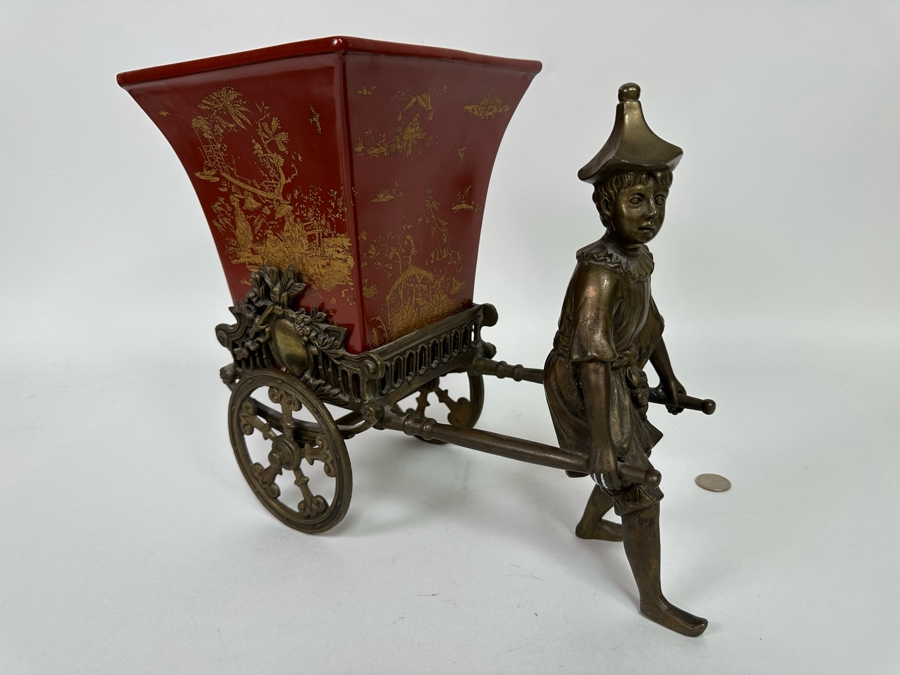 Chinese Metal Rickshaw With Porcelain Pot Planter 13W X 7D X 11H [Photo 4]