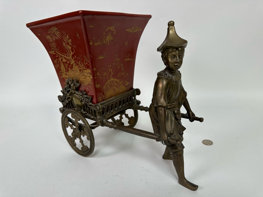 Chinese Metal Rickshaw With Porcelain Pot Planter 13W X 7D X 11H [Photo 5]