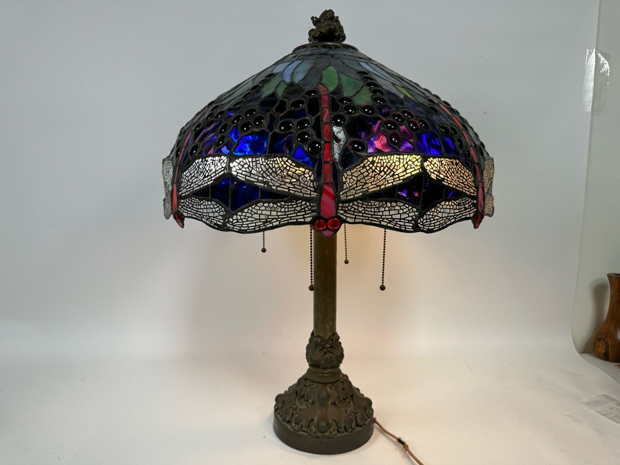 Stunning Stained Glass Dragonfly Tiffany Style Lamp Shade With Ornate Vintage Brass Metal Lamp Heavy 19W X 26H [Photo 5]