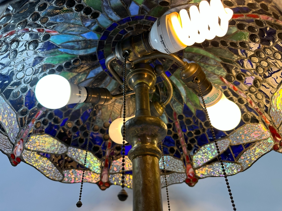 Stunning Stained Glass Dragonfly Tiffany Style Lamp Shade With Ornate Vintage Brass Metal Lamp Heavy 19W X 26H [Photo 14]