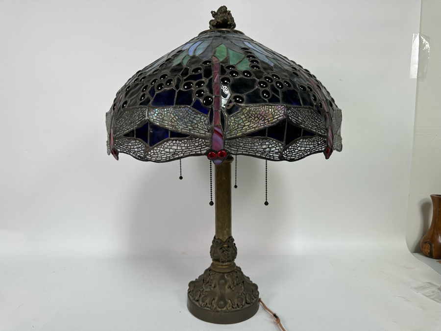Stunning Stained Glass Dragonfly Tiffany Style Lamp Shade With Ornate Vintage Brass Metal Lamp Heavy 19W X 26H [Photo 15]