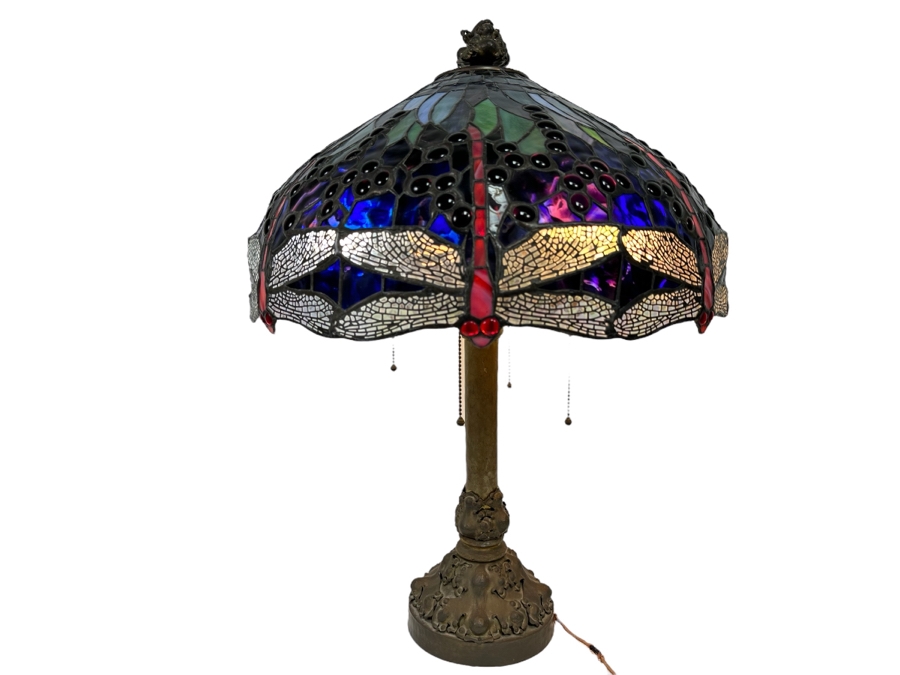 Stunning Stained Glass Dragonfly Tiffany Style Lamp Shade With Ornate Vintage Brass Metal Lamp Heavy 19W X 26H