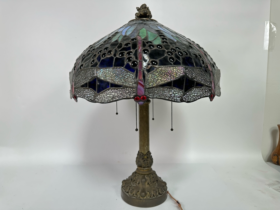 Stunning Stained Glass Dragonfly Tiffany Style Lamp Shade With Ornate Vintage Brass Metal Lamp Heavy 19W X 26H [Photo 16]