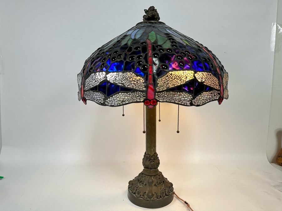 Stunning Stained Glass Dragonfly Tiffany Style Lamp Shade With Ornate Vintage Brass Metal Lamp Heavy 19W X 26H [Photo 6]