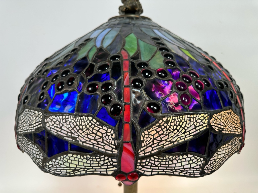 Stunning Stained Glass Dragonfly Tiffany Style Lamp Shade With Ornate Vintage Brass Metal Lamp Heavy 19W X 26H [Photo 3]