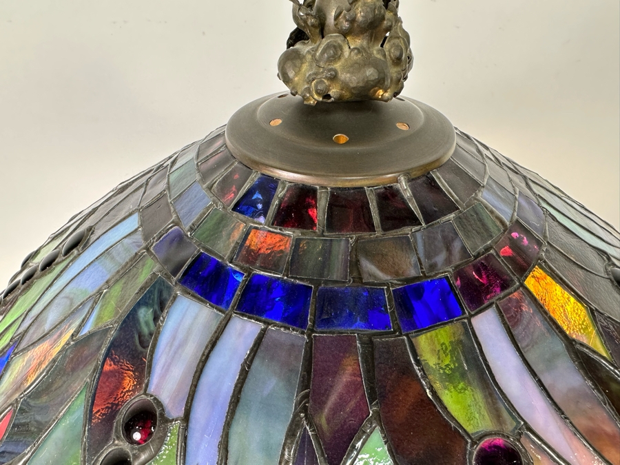 Stunning Stained Glass Dragonfly Tiffany Style Lamp Shade With Ornate Vintage Brass Metal Lamp Heavy 19W X 26H [Photo 10]