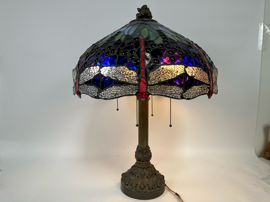 Stunning Stained Glass Dragonfly Tiffany Style Lamp Shade With Ornate Vintage Brass Metal Lamp Heavy 19W X 26H [Photo 7]