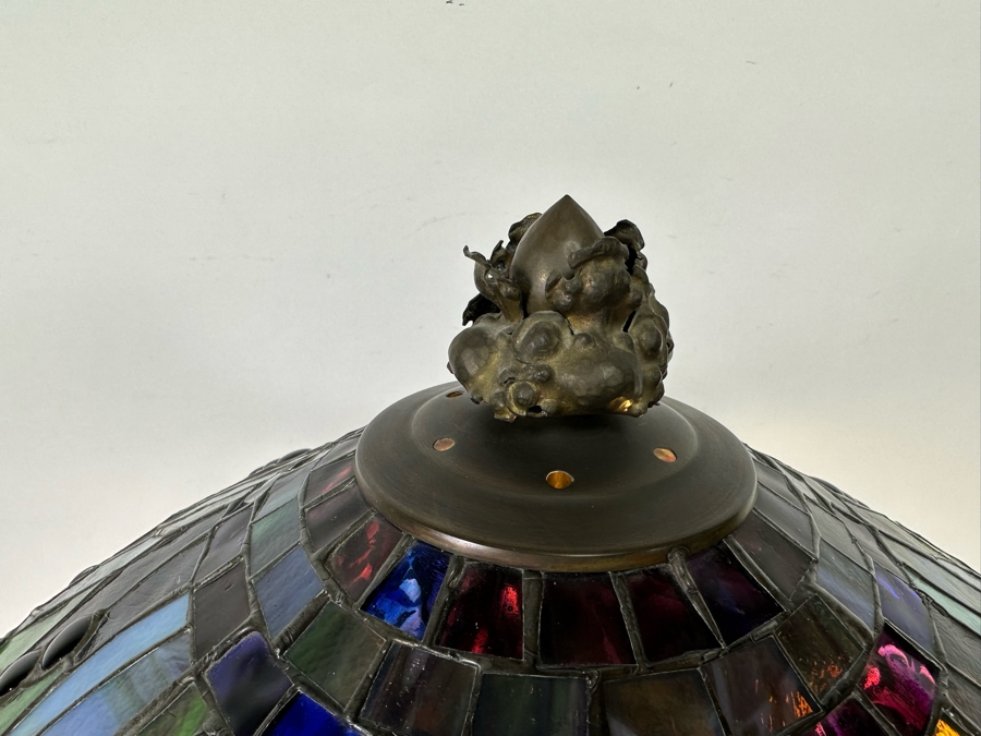 Stunning Stained Glass Dragonfly Tiffany Style Lamp Shade With Ornate Vintage Brass Metal Lamp Heavy 19W X 26H [Photo 11]