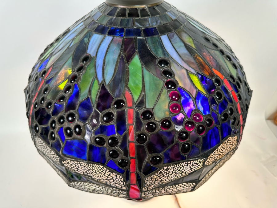 Stunning Stained Glass Dragonfly Tiffany Style Lamp Shade With Ornate Vintage Brass Metal Lamp Heavy 19W X 26H [Photo 9]