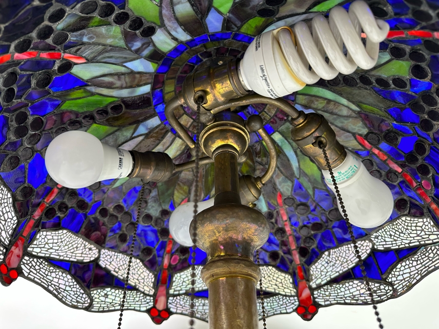 Stunning Stained Glass Dragonfly Tiffany Style Lamp Shade With Ornate Vintage Brass Metal Lamp Heavy 19W X 26H [Photo 18]