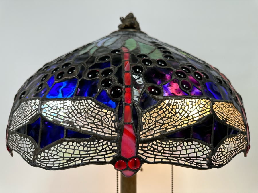 Stunning Stained Glass Dragonfly Tiffany Style Lamp Shade With Ornate Vintage Brass Metal Lamp Heavy 19W X 26H [Photo 4]
