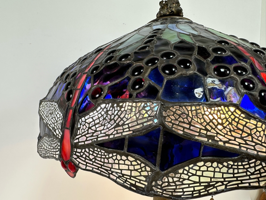 Stunning Stained Glass Dragonfly Tiffany Style Lamp Shade With Ornate Vintage Brass Metal Lamp Heavy 19W X 26H [Photo 8]