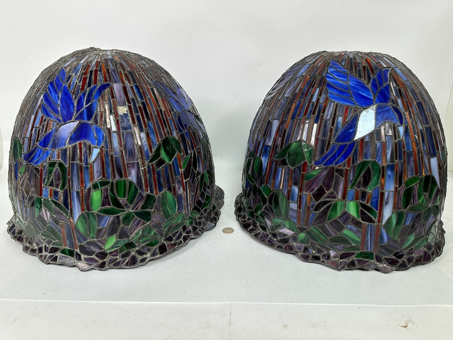 Matching Pair Of Beautiful Tiffany Style Stained Glass Lamp Shades 19W X 14H [Photo 4]