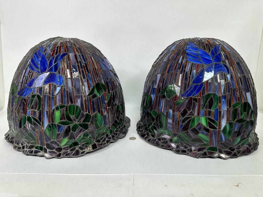 Matching Pair Of Beautiful Tiffany Style Stained Glass Lamp Shades 19W X 14H [Photo 3]
