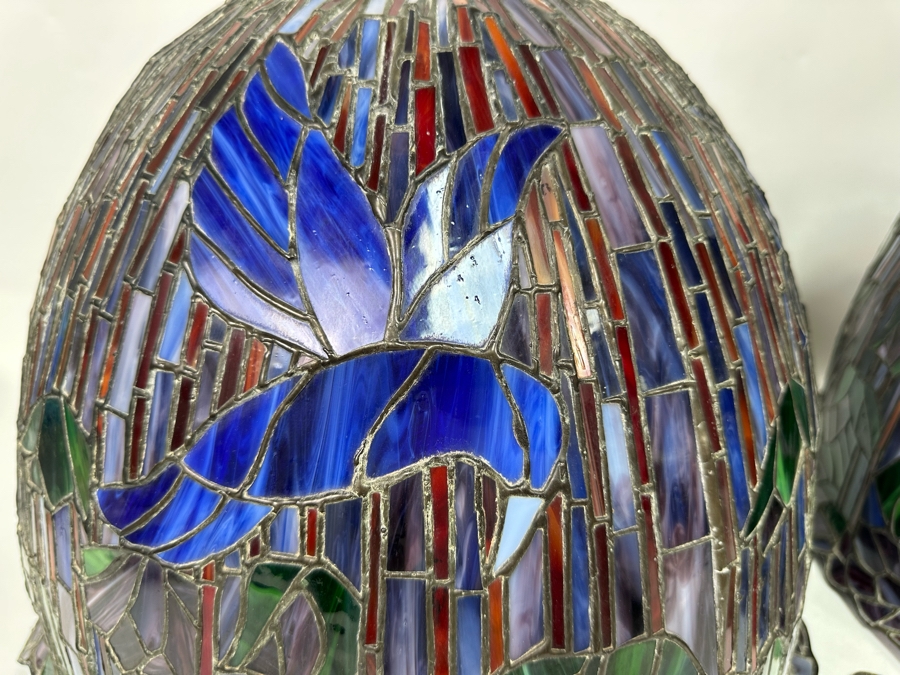Matching Pair Of Beautiful Tiffany Style Stained Glass Lamp Shades 19W X 14H [Photo 7]