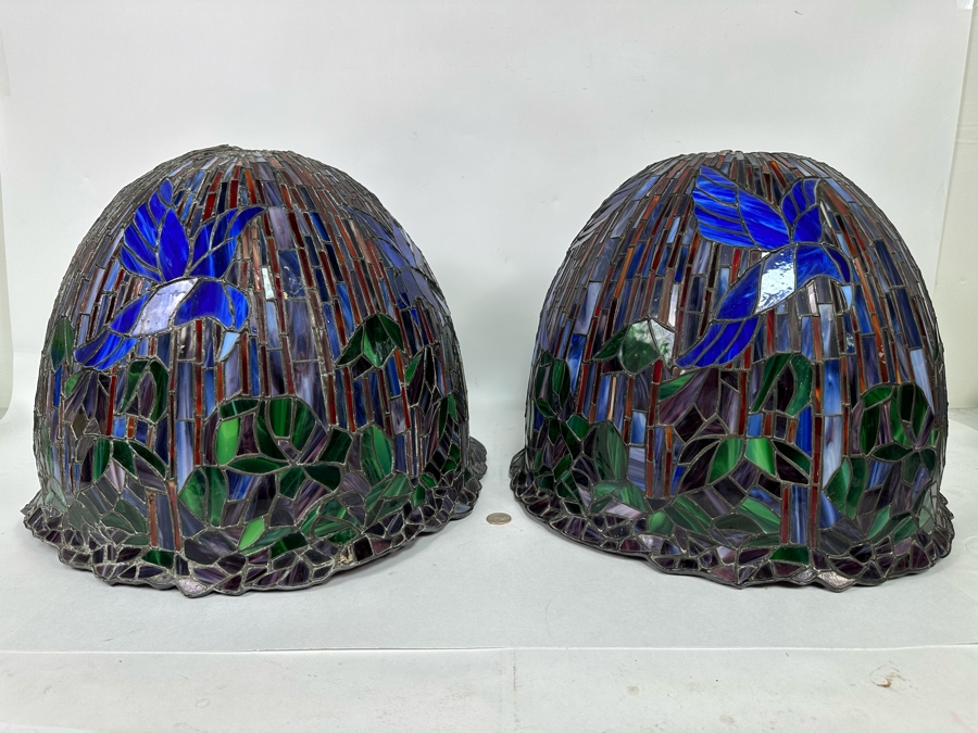 Matching Pair Of Beautiful Tiffany Style Stained Glass Lamp Shades 19W X 14H [Photo 2]