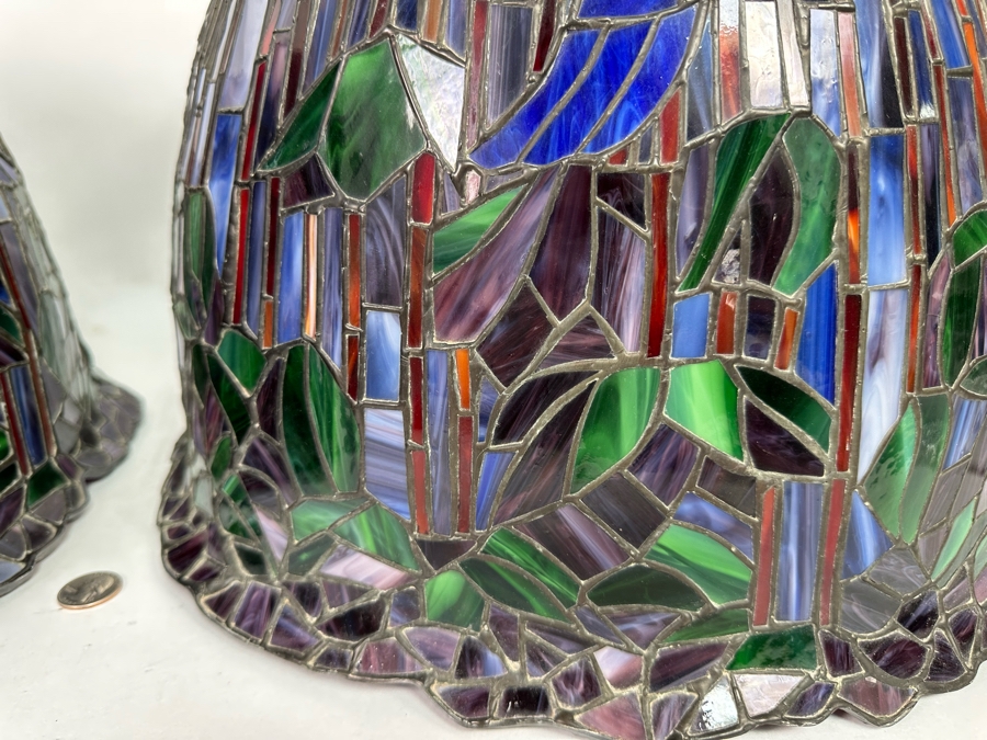 Matching Pair Of Beautiful Tiffany Style Stained Glass Lamp Shades 19W X 14H [Photo 10]