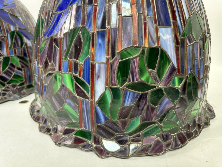Matching Pair Of Beautiful Tiffany Style Stained Glass Lamp Shades 19W X 14H [Photo 12]