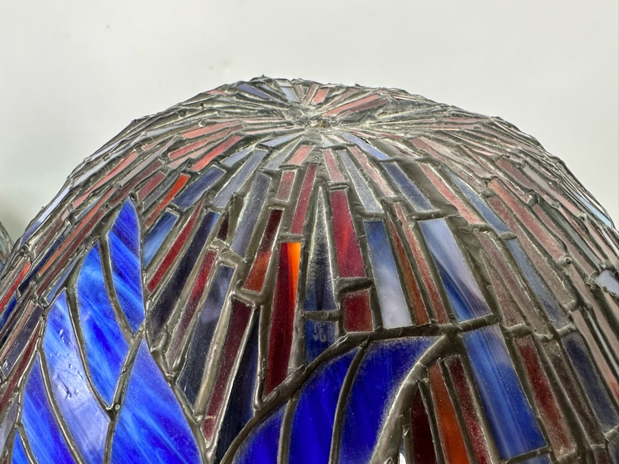 Matching Pair Of Beautiful Tiffany Style Stained Glass Lamp Shades 19W X 14H [Photo 13]
