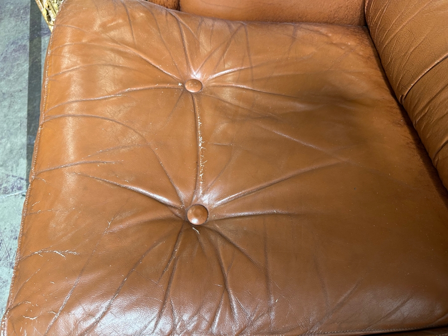Vintage Light Brown Leather Loveseat Sofa With Brass Nailhead Trim 61W X 36D X 39H [Photo 8]