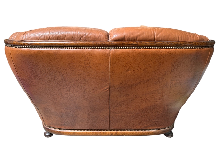 Vintage Light Brown Leather Loveseat Sofa With Brass Nailhead Trim 61W X 36D X 39H [Photo 3]