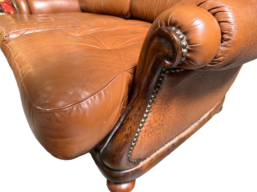 Vintage Light Brown Leather Loveseat Sofa With Brass Nailhead Trim 61W X 36D X 39H [Photo 5]