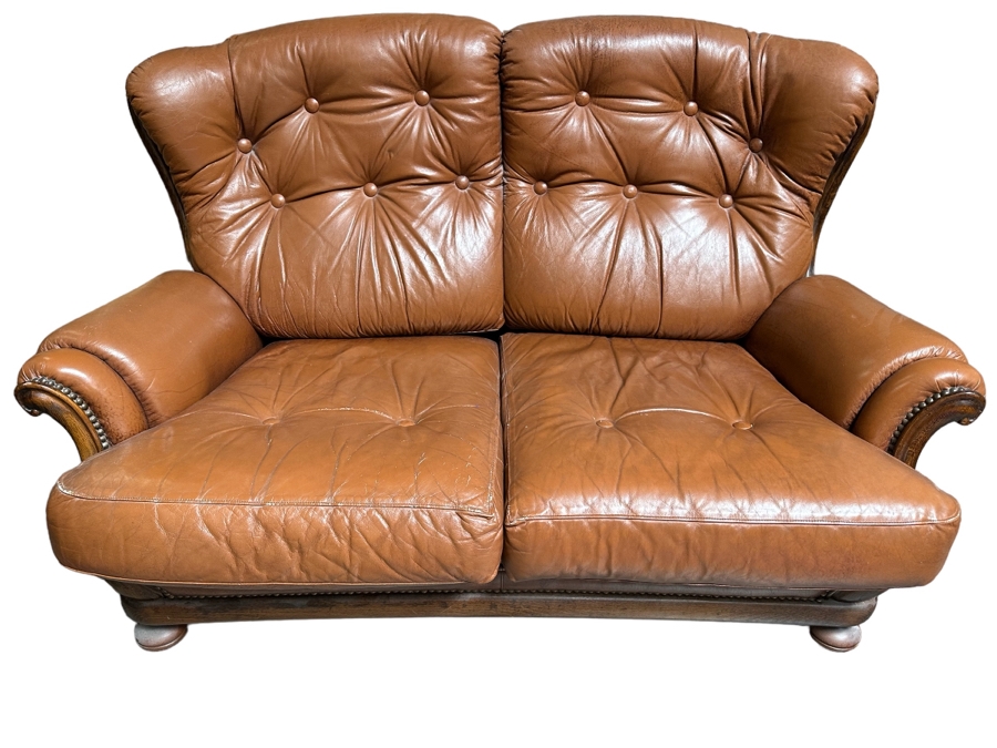 Vintage Light Brown Leather Loveseat Sofa With Brass Nailhead Trim 61W X 36D X 39H [Photo 1]