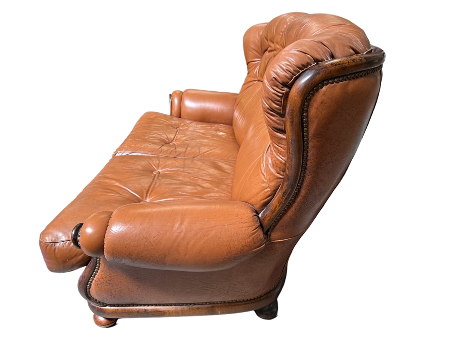 Vintage Light Brown Leather Loveseat Sofa With Brass Nailhead Trim 61W X 36D X 39H [Photo 2]