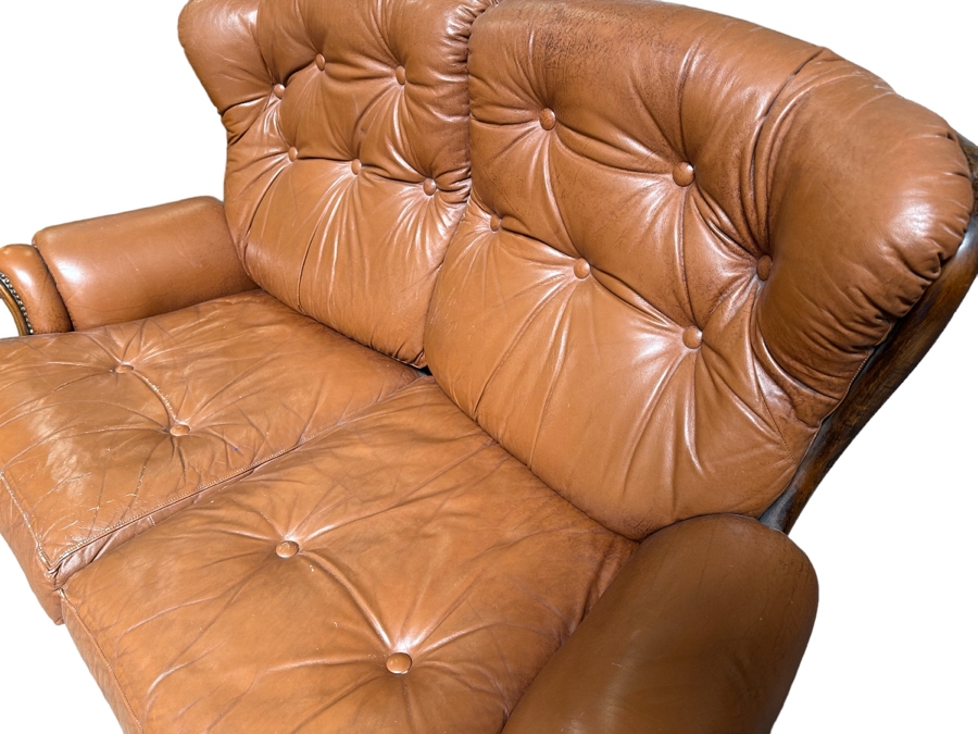 Vintage Light Brown Leather Loveseat Sofa With Brass Nailhead Trim 61W X 36D X 39H [Photo 6]